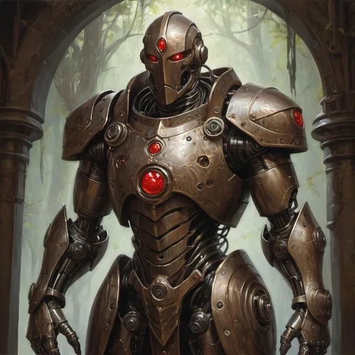 Prompt: a warforged or a robot with cords resembling tree roots reinforced with alchemical fluids serve as muscles that are contained within a bronze frame, the bronze frame resembles the armor of a knight, warforged have beautiful face without a mouth with a hinged jaw and crystalline eyes built under the brow ridges and there is a red spot or mark on the robot's forehead, full-length, neutral dark background, Donato Giancola, altermodern, steampunk