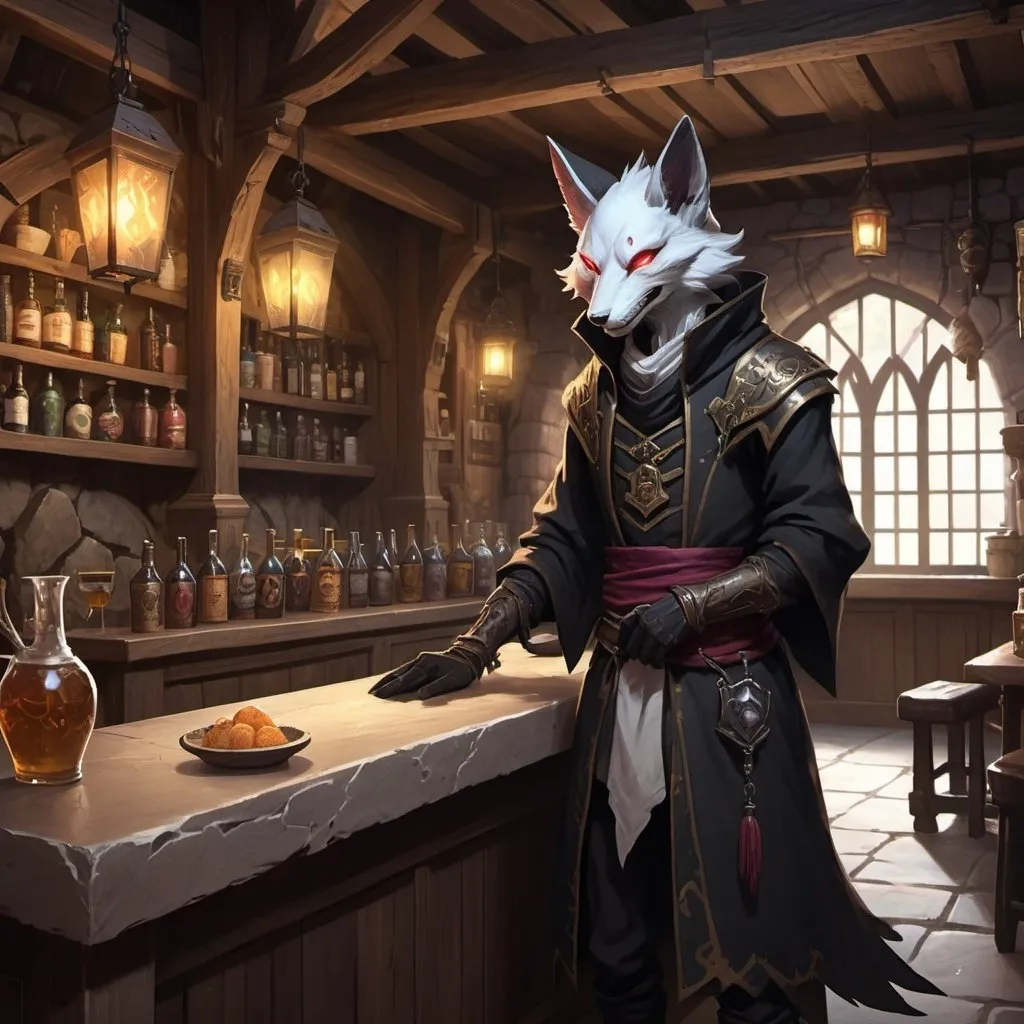 Prompt: A slender humanoid black kitsune dressed as a medieval innkeeper stands behind the tavern counter in front of interior of a fantasy stone tavern, male, Dr. Atl, vanitas, league of legends splash art, cyberpunk art