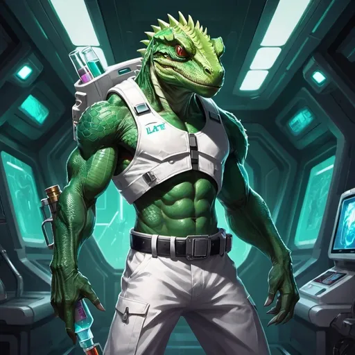 Prompt: A muscular green lizardman with a syringe pistol in his hands dressed in a tight white medical overall with flasks on his belt stands against the interior of a futuristic spaceship, Dr. Atl, vanitas, league of legends splash art, cyberpunk art