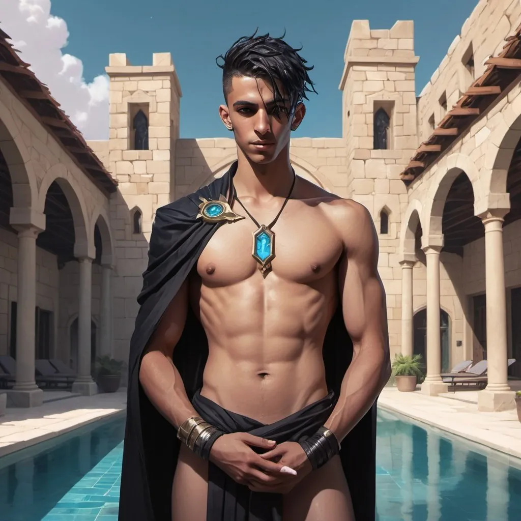 Prompt: a arabian bare-chested young man-priest with a short loincloth in front of stone hall with swimming pool, Dr. Atl, vanitas, league of legends splash art, cyberpunk art