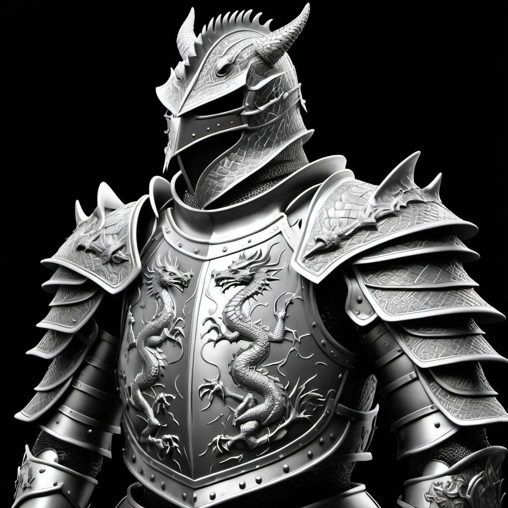 Prompt: a black and white photo of a knight armor with dragon decorations on it's shoulders, with a black background, Andries Stock, photorealism, armor, an ambient occlusion render