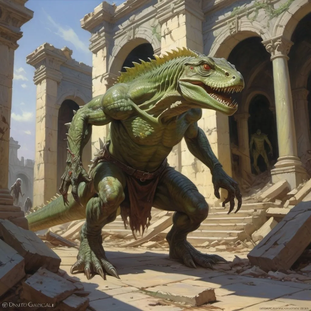 Prompt: zombie lizardman wanders through the ruins of the estate, Donato Giancola, fantasy art, epic fantasy character art, concept art