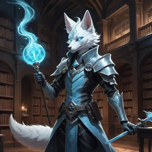 Prompt: A slender humanoid kitsune in the stylish armor of a sorcerer with a metal rod in his hands creates a funnel of magical pale blue wind in front of interior of a stone mansion with a library in the midnight, Dr. Atl, vanitas, league of legends splash art, cyberpunk art