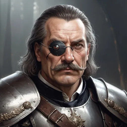 Prompt: a 50 years old man in plate armor wearing a fake eye patch with a tie on the left eye and with thick hair and mustache, Aleksi Briclot, antipodeans, epic fantasy character art