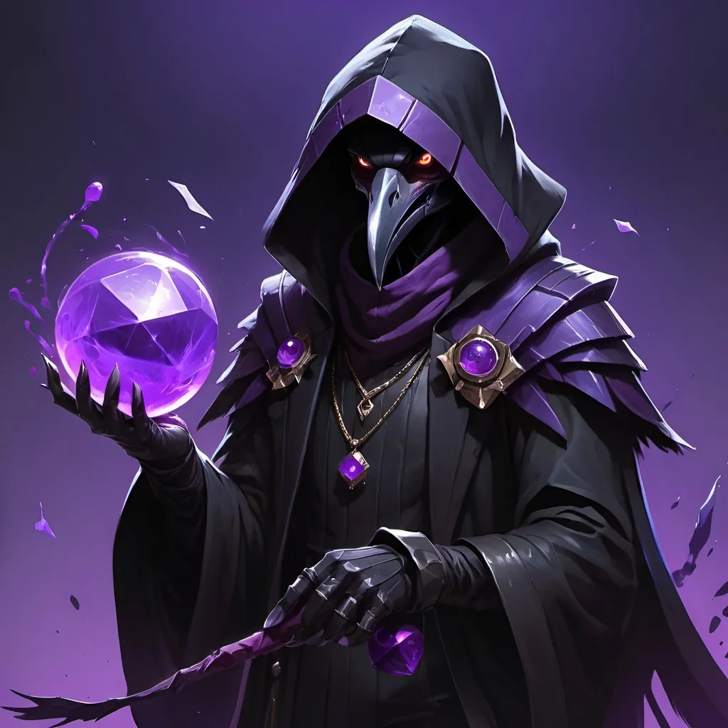 Prompt: a kenku crow in a black outfit holding a purple object in his hand and a purple object in his other hand, Dr. Atl, vanitas, league of legends splash art, cyberpunk art