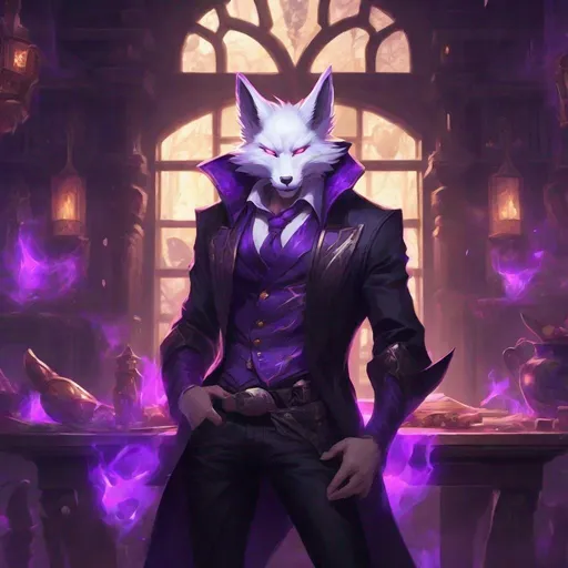 Prompt: male kitsune in a bare-chested revealing black outfit in front of the interior of an medieval aristocrat's house creates rays of purple energy, Dr. Atl, vanitas, league of legends splash art, cyberpunk art