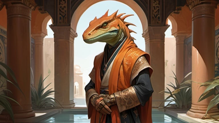 Prompt: A pale orange lizardman aristocrat dressed in oriental clothes and a silk scarf on his shoulders standing in front of a Byzantine temple interior with curtains and pools and vegetation, Art of Brom, fantasy art, epic fantasy character art, concept art
