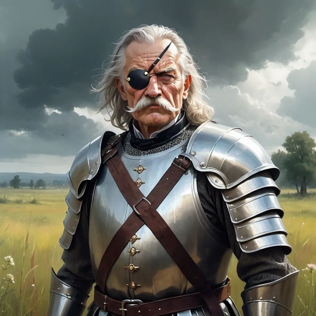 Prompt: a old man in plate armor wearing a fake eye patch with a tie and with thick hair and mustache stands against the backdrop of a meadow in cloudy weather, Aleksi Briclot, antipodeans, fantasy character art