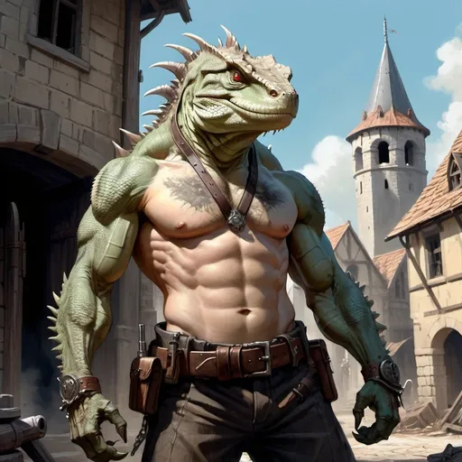 Prompt: a bare chested lizardman with scars on his chest holding a cannon in his hand, with antique pistols on his belt, standing in front of medieval buildings, Aleksi Briclot, furry art, epic fantasy character art, concept art