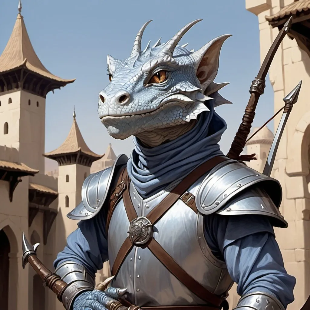 Prompt: a silver lizard-kobold from Dungeons and Dragons with a horned head and a bow in his hand wearing light pale indigo arabic armor, holding a bow at the ready in his hand, standing in front of a medieval oriental fantasy city background, Art of Brom, sots art, epic fantasy character art, a character portrait