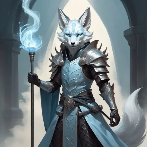 Prompt: A slender humanoid kitsune in the stylish armor of a sorcerer with a metal rod in his hands creates a funnel of magical pale blue wind, Art of Brom, fantasy art, epic fantasy character art, concept art
