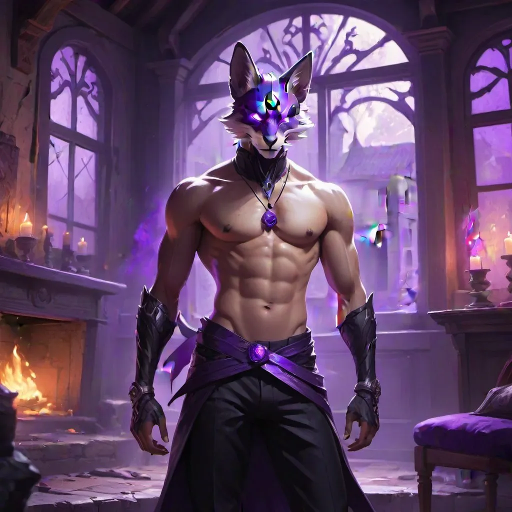 Prompt: male kitsune in a bare-chested revealing black outfit in front of the interior of an medieval aristocrat's house creates rays of purple energy, Dr. Atl, vanitas, league of legends splash art, cyberpunk art