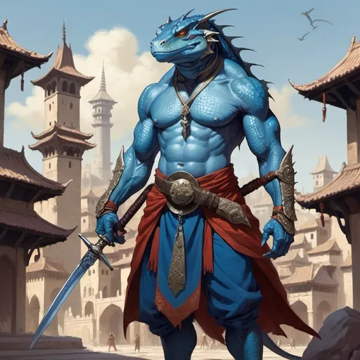 Prompt: a blue lizardman with a bare chest and sword and a bag on his shoulder and a sword in his hand in oriental attire, standing in front of a medieval fantasy city background, Art of Brom, fantasy art, epic fantasy character art
