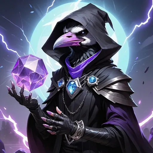 Prompt: a young friendly kenku crow in a black outfit with a silver brooch with a pale blue gem holding a purple object in his hand and a purple magical lightning in his other hand, Dr. Atl, vanitas, league of legends splash art, cyberpunk art