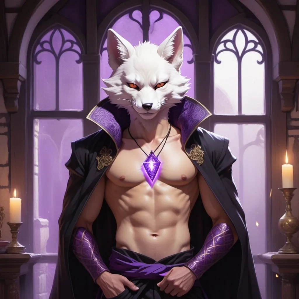 Prompt: male kitsune in a bare-chested revealing black outfit in front of the interior of an medieval aristocrat's house creates rays of purple energy, Dr. Atl, dau-al-set, a character portrait