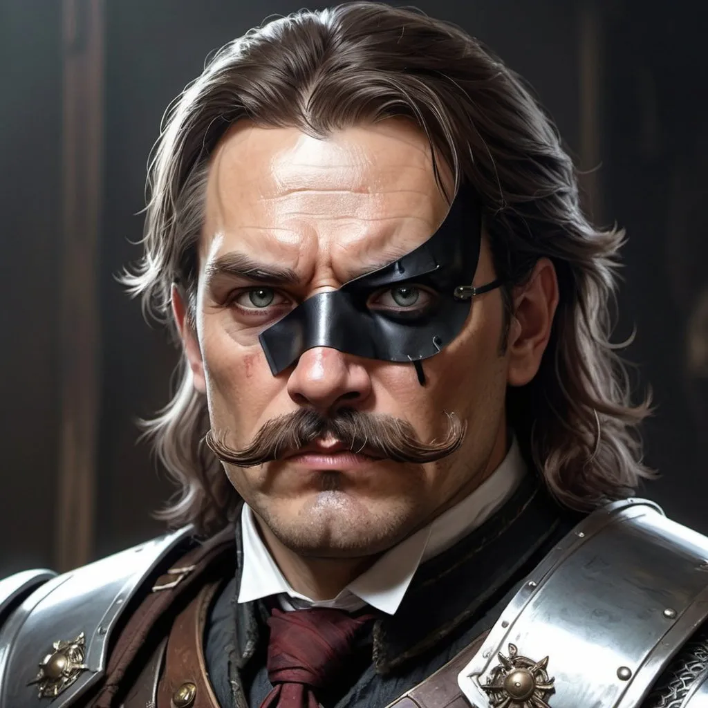 Prompt: a 40 years old man in plate armor wearing a fake eye patch with a tie on the left eye and with thick hair and mustache, Aleksi Briclot, antipodeans, epic fantasy character art