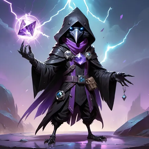 Prompt: a young friendly kenku crow in a black outfit with a silver brooch with a pale blue gem holding a purple object in his hand and a purple magical lightning in his other hand, Dr. Atl, vanitas, league of legends splash art, cyberpunk art