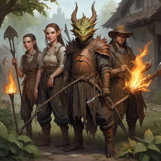 Prompt: a group of dragonborns and humans peasants with pitchforks, torches and other garden tools in tattered clothes, Chris Rahn, fantasy art, epic fantasy character art, a character portrait