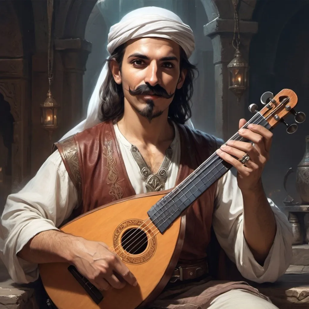 Prompt: a arabian man with a mustache, he is a bard from Dungeons and Dragons, 
hold a musical instrument in hands, Aleksi Briclot, antipodeans, epic fantasy character art