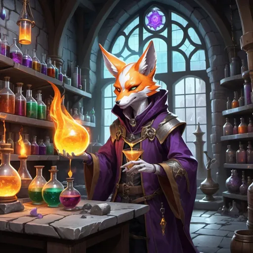 Prompt: A slender humanoid kitsune dressed as a medieval alchemist mixes potions in front of interior of a fantasy medieval stone 
alchemical laboratory, Dr. Atl, vanitas, league of legends splash art, cyberpunk art