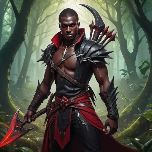 Prompt: a young dark man in a high quality assassin's clothes holding a two battle sickle in his hands in the pose of Valeera Sanguinar in front of 
fairy forest, Dr. Atl, fantasy art, epic fantasy character art, concept art