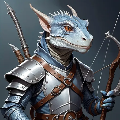 Prompt: a silver lizard-kobold from Dungeons and Dragons with a horned head and a bow in his hand wearing light, pale indigo leather 
eastern armor with metal plates, holding a bow at the ready in his hand, Adam Rex, sots art, epic fantasy character art, a character portrait