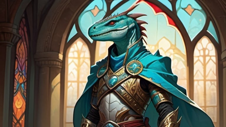 Prompt: A lizardfolk paladin with a khopesh in his right hand, slim athletic build, his muzzle looks like a velociraptor, he smiles reservedly, his scales are pale blue, he mysteriously looks somewhere into the distance. He is dressed in oriental style metal heavy armor, he is wearing a silk scarf that flutters in the wind. Behind his back is a turquoise cloak. He stands against the background of a fantasy temple interior, colored stained glass windows from which daylight falls, curtains hanging down to the floor. Highly detailed. Art of Brom, fantasy art, epic fantasy character art, concept art