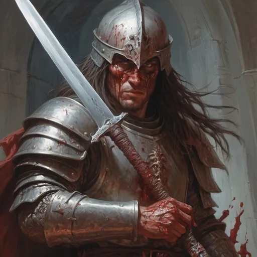 Prompt: a man with a sword and a helmet on holding a knife in his hand and a bloody face, Donato Giancola, fantasy art, epic fantasy character art, concept art