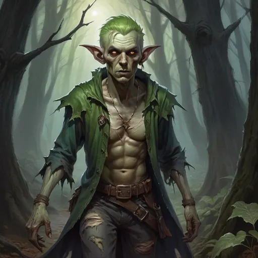 Prompt: zombie elf-wizard in torn clothes wanders through the dark forest, Chris Rahn, fantasy art, epic fantasy character art, a character portrait