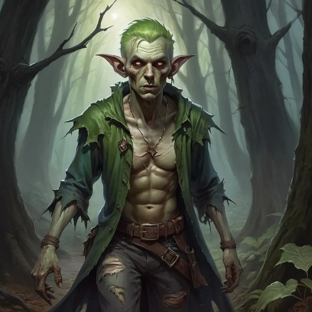 Prompt: zombie elf-wizard in torn clothes wanders through the dark forest, Chris Rahn, fantasy art, epic fantasy character art, a character portrait