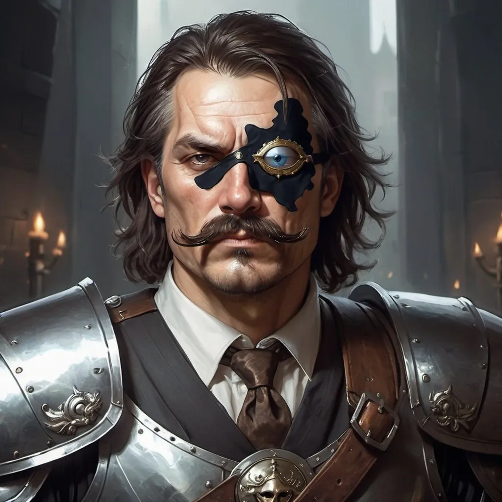 Prompt: a 40 years old man in plate armor wearing a fake eye patch with a tie covering the eye on the left eye and with thick hair and mustache, Aleksi Briclot, antipodeans, epic fantasy character art