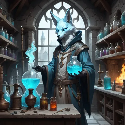 Prompt: A slender humanoid pale blue kitsune dressed as a medieval alchemist mixes potions in front of interior of a fantasy medieval stone 
alchemical laboratory, Dr. Atl, vanitas, league of legends splash art, cyberpunk art