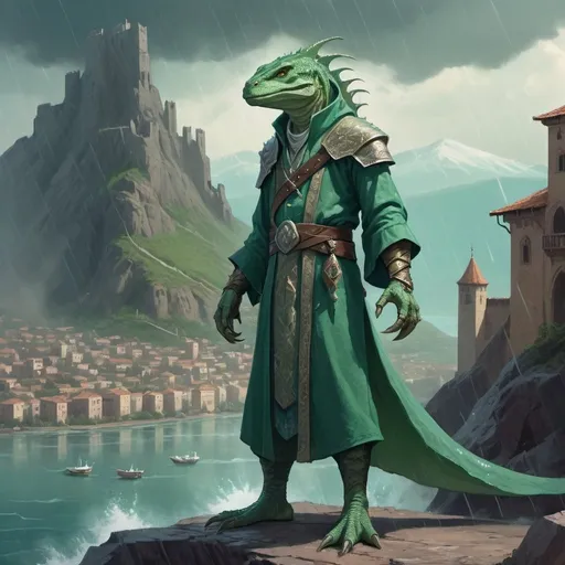 Prompt: a pale lizardman mage in 
in stylish medieval Armenian clothes with long sea ​​green garments, he casts a rain spell, standing in front of mountain fantasy city with bay, Art of Brom, fantasy art, epic fantasy character art, concept art