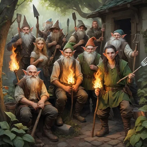 Prompt: a group of elves, gnomes and peasant people with pitchforks, torches and other garden tools in tattered clothes, Chris Rahn, fantasy art, epic fantasy character art, a character portrait