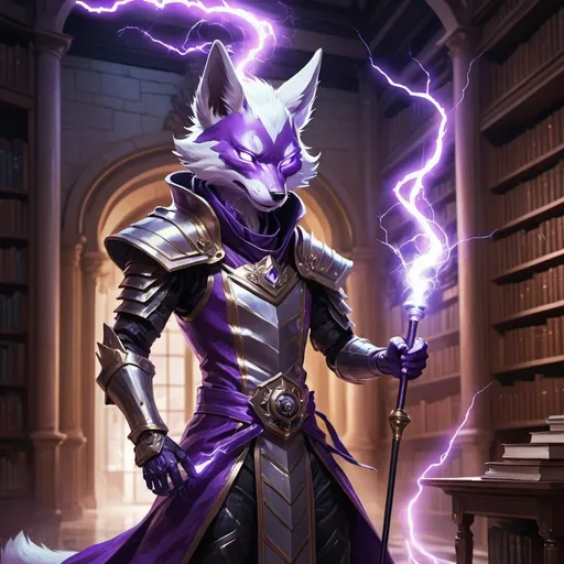 Prompt: A slender humanoid kitsune in the stylish armor of a sorcerer with a metal rod in his hands creates a funnel of magical purple lightning in front of interior of a stone mansion with a library in the midnight, Dr. Atl, vanitas, league of legends splash art, cyberpunk art