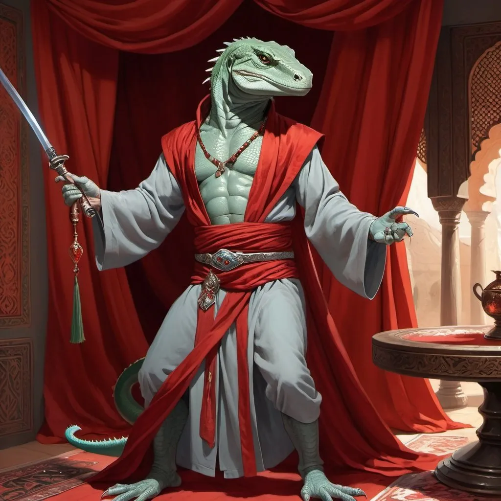 Prompt: a grey lizardman sorcerer in Persian robes with a bare chest and sword and a blowing in the wind ribbon on his shoulder and a scarlet magical energy in his hand, standing in front of a Persian interior with hookah and satin curtains, Art of Brom, fantasy art, epic fantasy character art