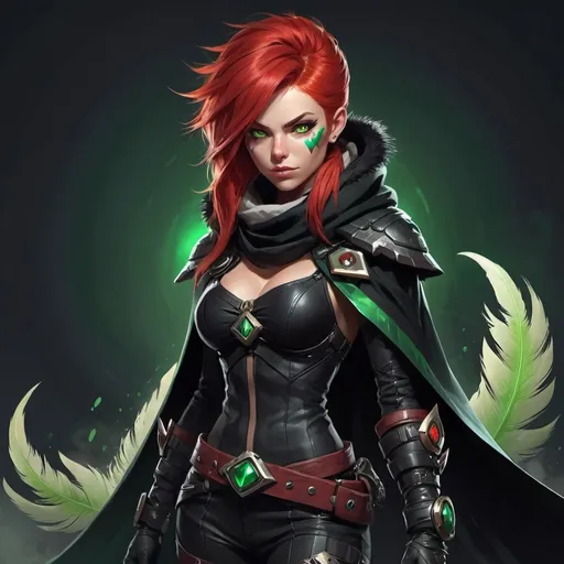 Prompt: a scandinavian woman monster hunter with red hair and green eyes wearing a black outfit and cape and a black scarf with green feathers on her head and a black snood around her neck and on her chest, full length, Dr. Atl, vanitas, league of legends splash art, cyberpunk art