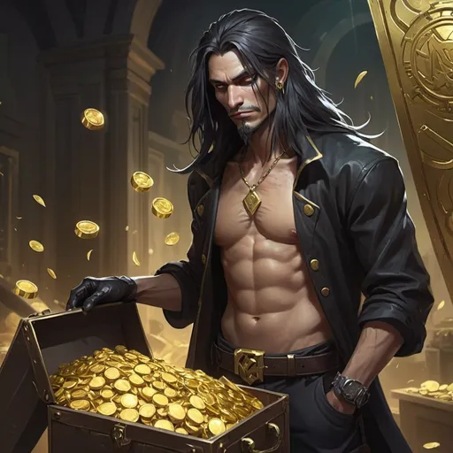 Prompt: a bare-chested man with a long hair without mustache and beard dressed like an thief looking at a bag of gold, Dr. Atl, vanitas, league of legends splash art, cyberpunk art