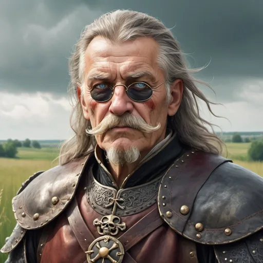Prompt: a old man in Hussite armor with eye patch on his left eye only like a pirate and with thick hair and mustache, stands against the backdrop of a meadow in cloudy weather, Aleksander Gine, antipodeans, epic fantasy character art