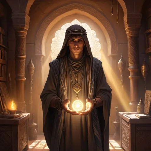 Prompt: a young man-priest dressed as a Bedouin with glowing eyes with rays of light in his hands in front of richly decorated wizard’s chambers during the day, Chris Rahn, fantasy art, epic fantasy character art, a character portrait