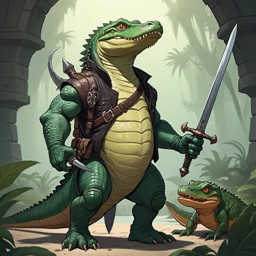 Prompt: a cartoon character with a sword and a lizard on his back, holding a sword in his hand and a large alligator on his back, Adam Rex, furry art, epic fantasy character art, concept art