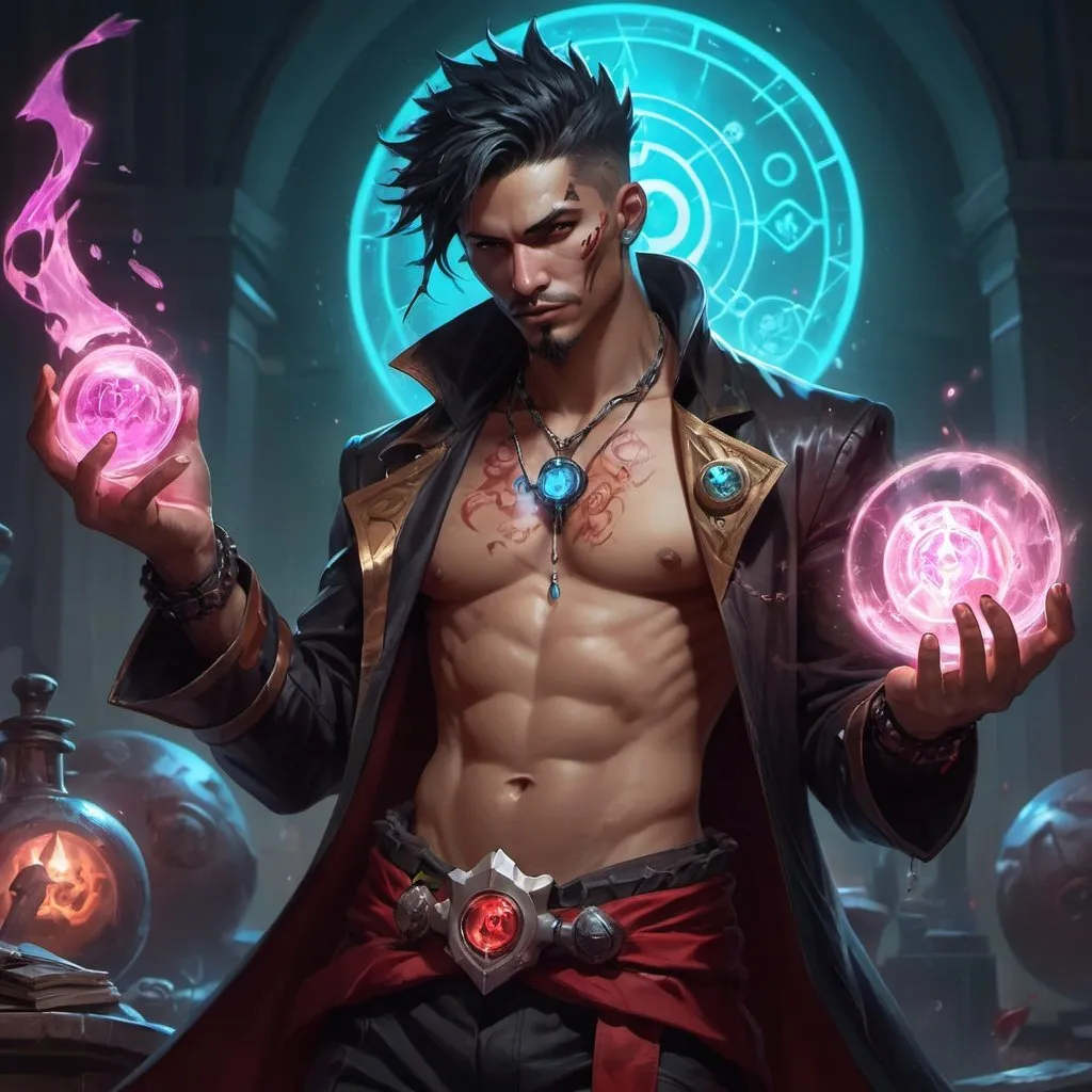 Prompt: a bare-chested man dressed like a savage draws a magic seal, Dr. Atl, vanitas, league of legends splash art, cyberpunk art