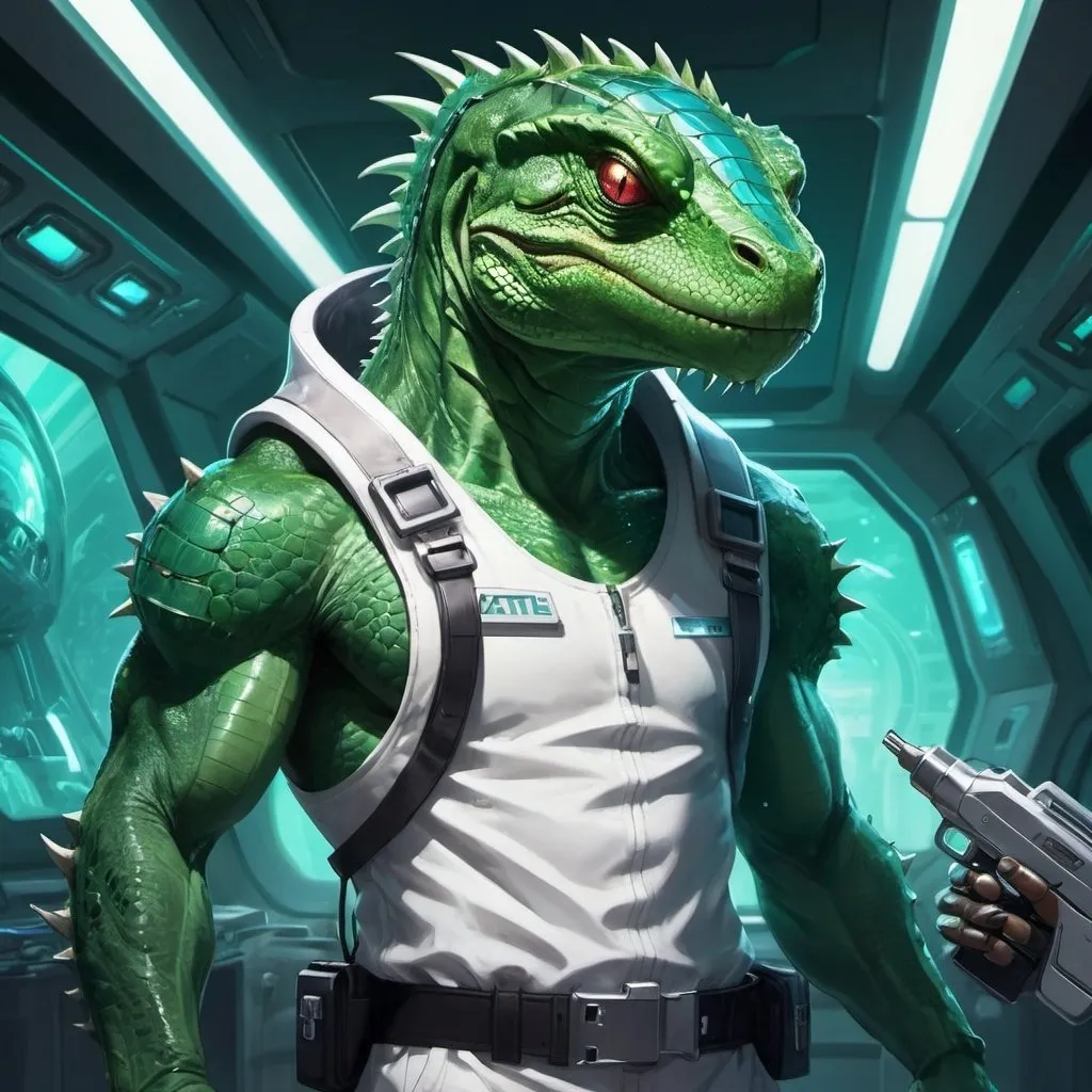 Prompt: A muscular green lizardman with a syringe-pistol in his hands dressed in a tight white medical overall with flasks on his belt stands against the interior of a futuristic spaceship, Dr. Atl, vanitas, league of legends splash art, cyberpunk art