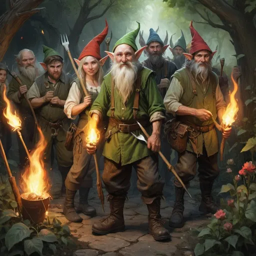 Prompt: a group of elves, gnomes and peasant people with pitchforks, torches and other garden tools in tattered clothes, Chris Rahn, fantasy art, epic fantasy character art, a character portrait