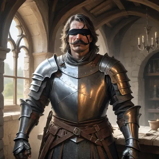 Prompt: a 40 years old man in plate armor wearing a with a blindfold covering the eye on the left eye and with thick hair and mustache standing in front of interior of medieval manor, Aleksi Briclot, antipodeans, epic fantasy character art