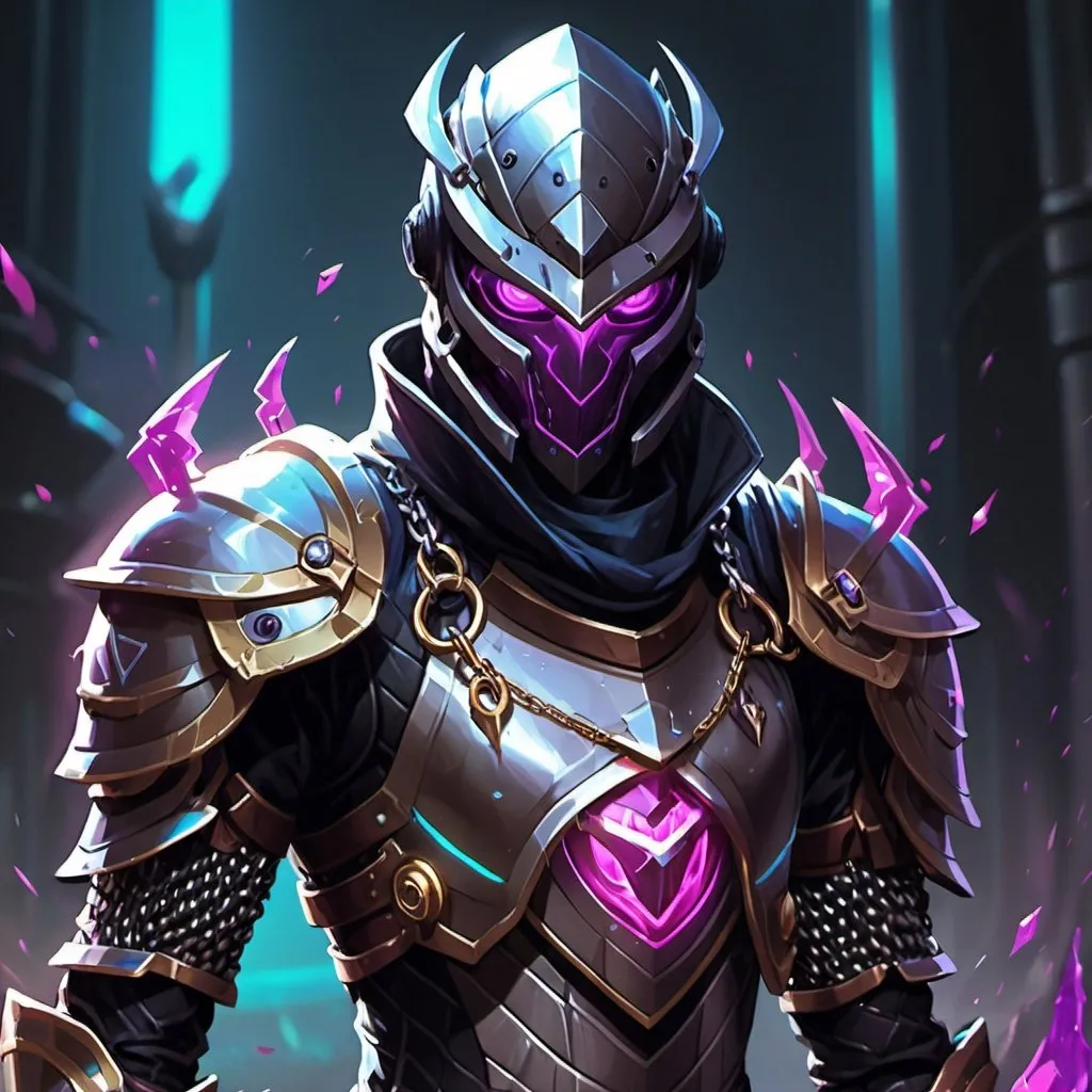 Prompt: chainmail armor without a character wearing armor, Dr. Atl, vanitas, league of legends splash art, cyberpunk art