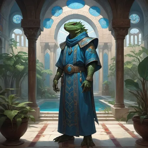 Prompt: a lizardman cleric in Byzantine robes, standing in front of interior with blue cotton curtains and in front of Aztec temple interior with stained glass windows and pools and vegetation, Art of Brom, fantasy art, epic fantasy character art, concept art