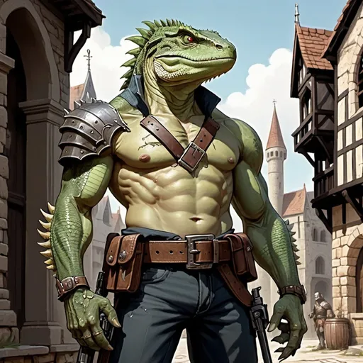Prompt: a bare chested lizardman with scars on his chest holding a hand cannon in his hand, with antique pistols on his belt, standing in front of medieval buildings, Adam Rex, furry art, epic fantasy character art