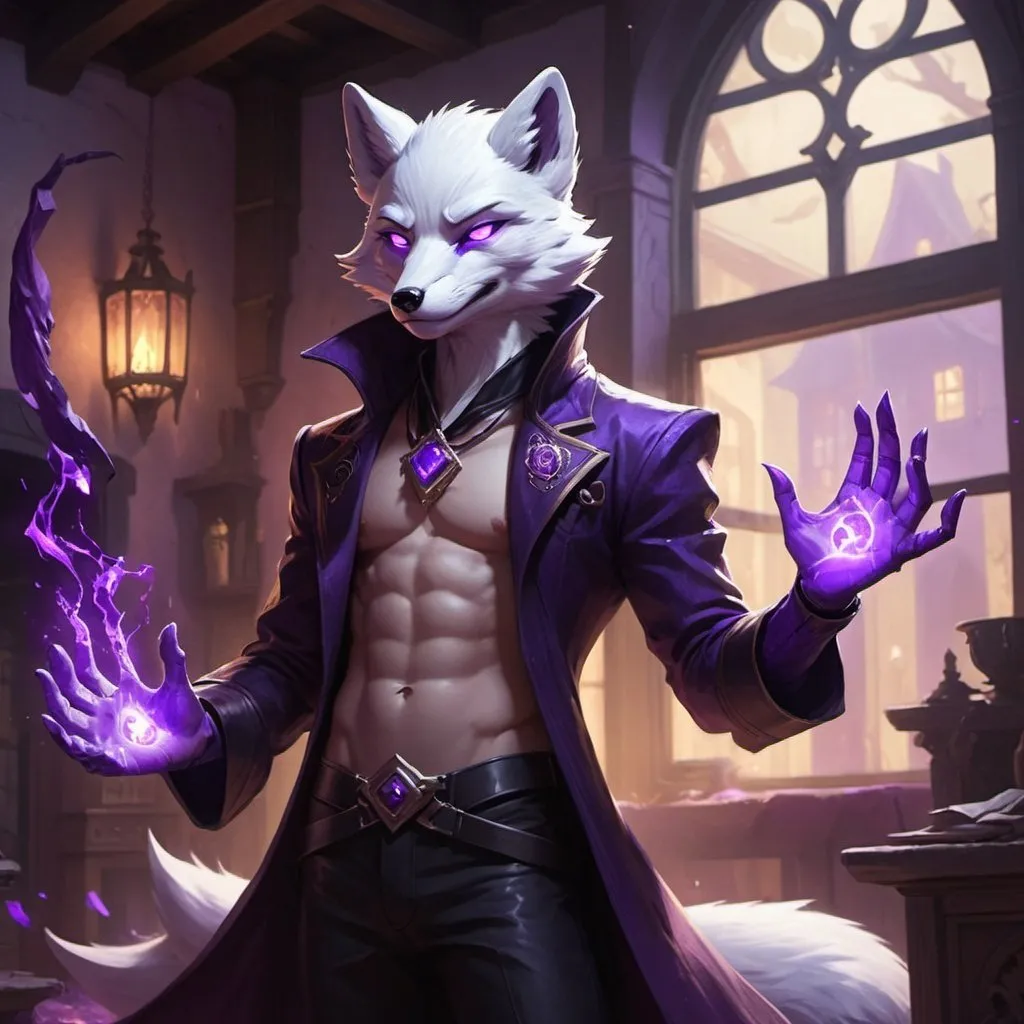 Prompt: male kitsune-arctic fox in a bare-chested revealing black outfit with purple energy covering his hand in front of the interior of an medieval aristocrat's house creates rays of purple energy, Dr. Atl, vanitas, league of legends splash art, cyberpunk art