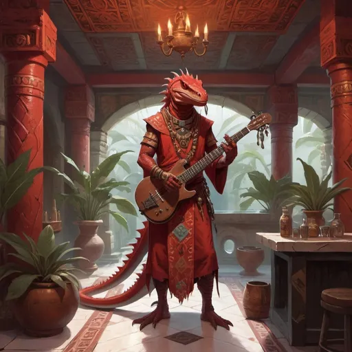 Prompt: a red lizardman bard with a musical instrument in his hand in Byzantine robes standing in front of interior of aztec tavern interior in Byzantine style with pools and hookah and vegetation, Art of Brom, fantasy art, epic fantasy character art, concept art